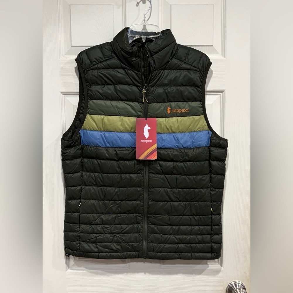 Cotopaxi Men’s Medium Fuego Down Insulated Puffer Vest Green Wood Stripes NWT